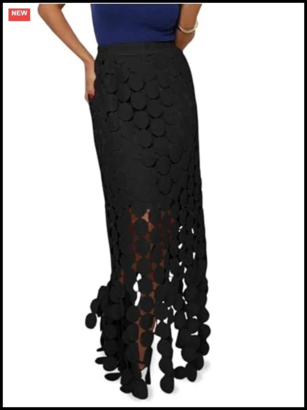 Boho Hollow Out Maxi Skirt with Fringe Hem, High Waisted Summer